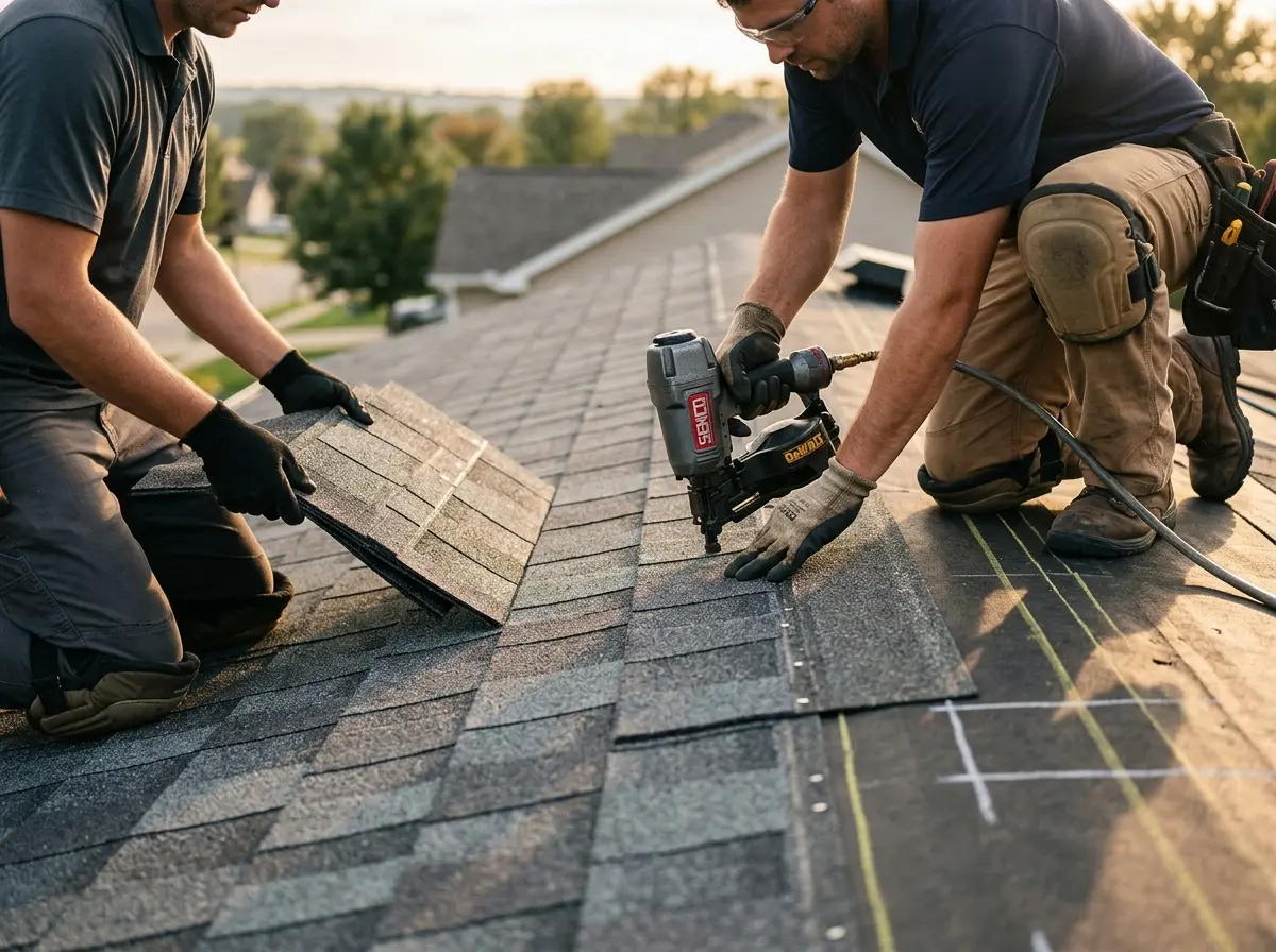 Professional roofer working on a residential roof in North Plainfield